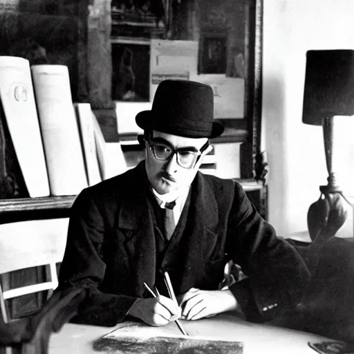 Prompt: old black and white photo of Fernando Pessoa writing at a table inside a Lisbon cafe surrounded by artists and writers in suits and ties