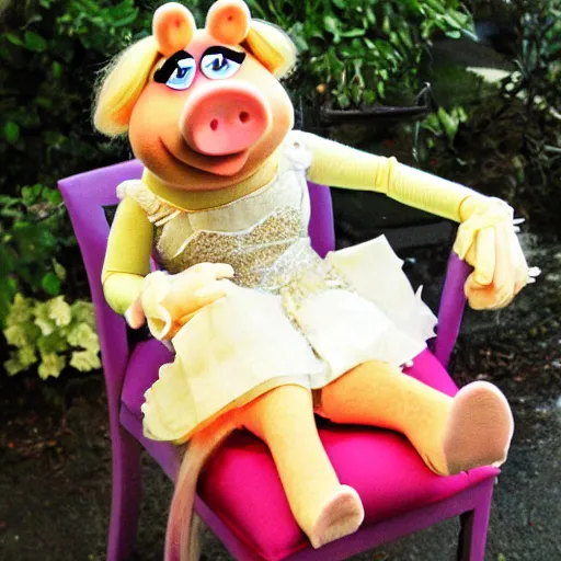 Image similar to miss piggy Muppet sitting on a chair