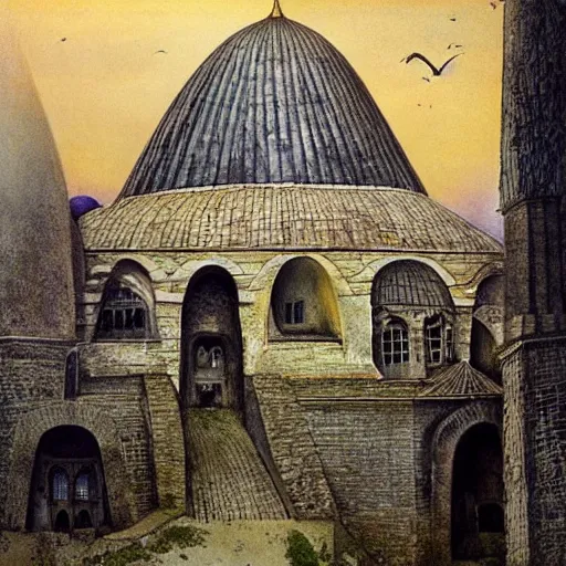 Prompt: Hagia Sofia pyramid fortress in a rustic seaside village, Tim Burton, Alan Lee