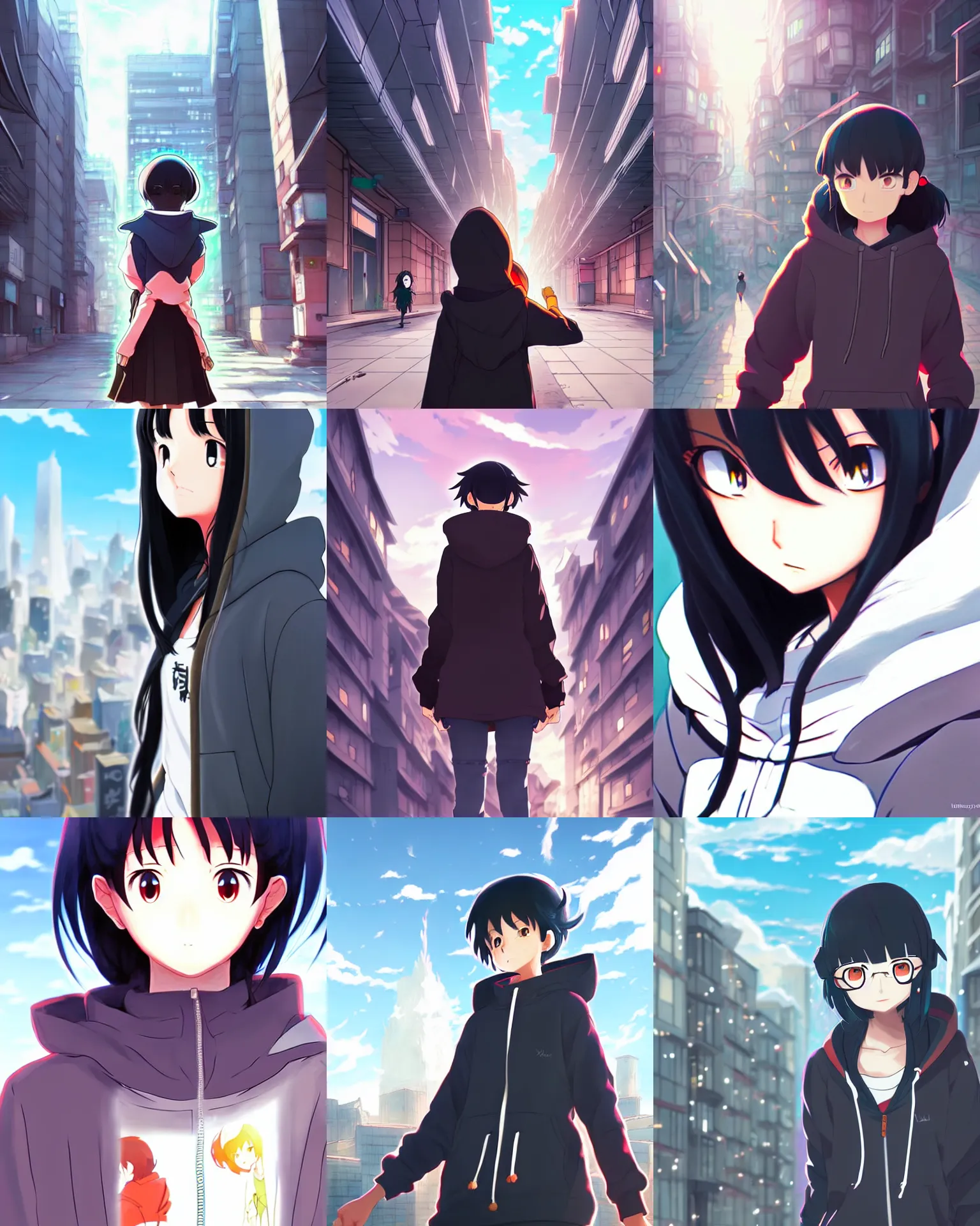 Prompt: black haired girl wearing hoodie, city bright daylight, anime epic artwork, yoh yoshinari