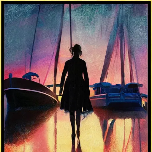 Image similar to silhouette of Elle Fanning on a boat, stormy weather, extremely detailed masterpiece, oil on canvas, low-key neon lighting, artstation, Blade Runner 2049, Roger Deakin’s cinematography, by Peter Monamy and Edward Hopper,