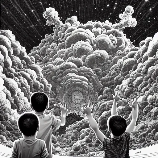 Prompt: group of kids admiring an atomic explosion, extremely detailed, sharp focus, wide view, full body shot, smooth, digital illustration, by james jean!!, by rossdraws, frank franzzeta, mcbess, sakimichan, gustave dore