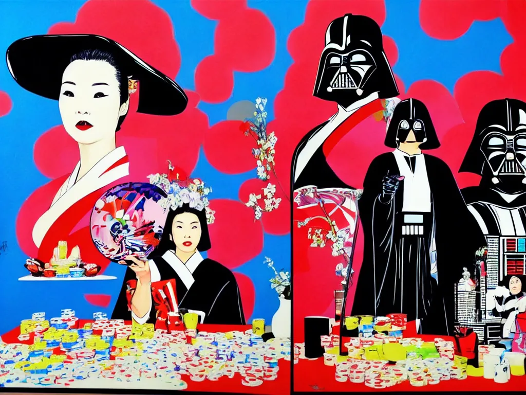 Image similar to hyperrealistic composition, in the middle the woman in a japanese kimono, behind her stands the darth vader, in front of her a table from the casino, in the background is ( ( mount fuji ) ) and fireworks, pop - art style, jacky tsai style, andy warhol style, acrylic on canvas