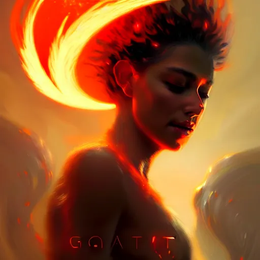 Prompt: a beautiful portrait of a fire goddess with closed eyes by Greg Rutkowski and Raymond Swanland, Trending on Artstation, Flaming Background, ultra realistic digital art