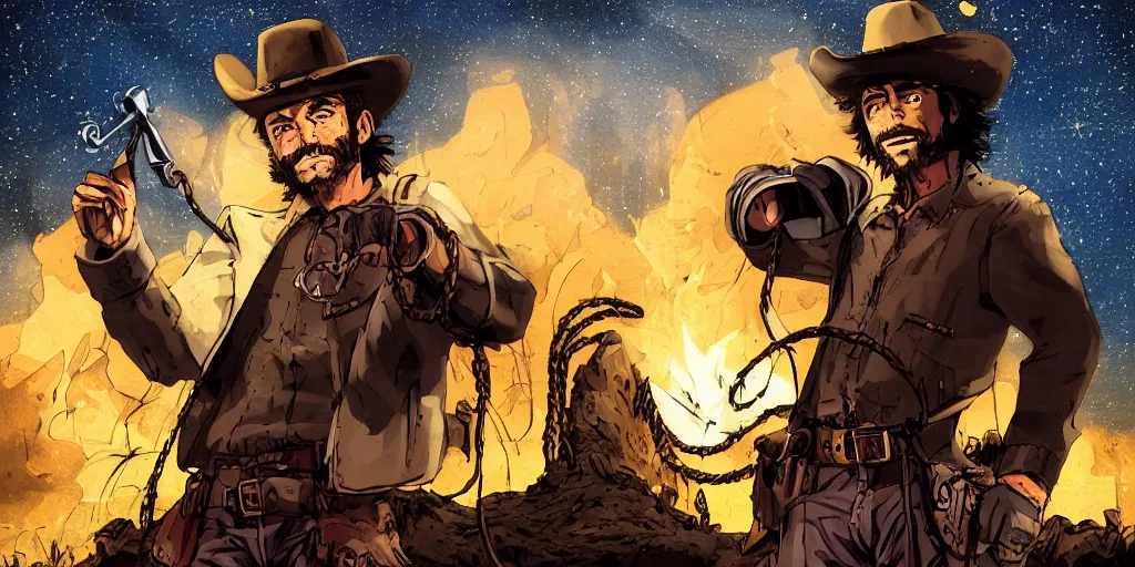 Prompt: rugged bandit ( ( alone ) ) in the old west, handcuffed by shackles at a campfire, cinematic, dark, grim, starry sky, in the style of cowboy bebop anime