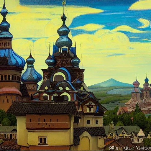 Image similar to photo beautiful magical ancient Slavic Russian city of Kitezh, fisheye lens, painting by Viktor Vasnetsov, concept art, magical city, fantasy cityscape, ancient Slavs, wooden buildings, ancient Russian architecture, terem, hyperborea, top cinematic lighting , cinematic mood, very detailed, 8k, painting by Nicholas Roerich, high resolution, trending on artstation, artstationHD,