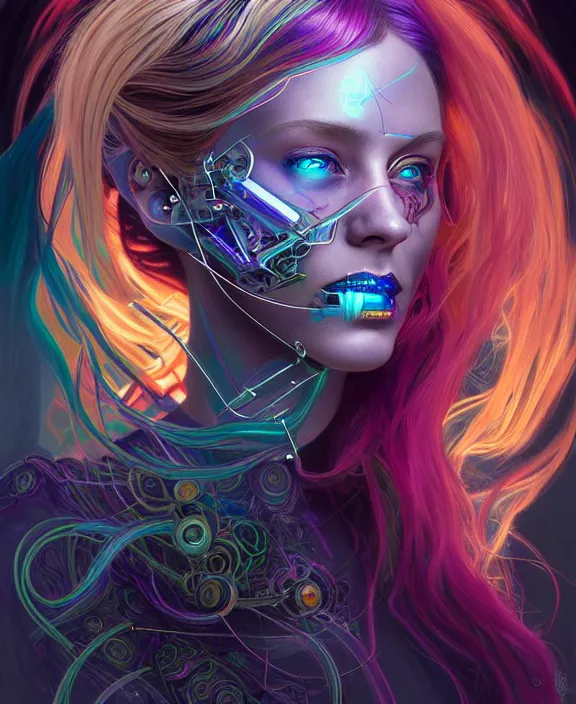 Image similar to a whirlwind of souls rushing inside the metaverse, half body, jewelry, hologram, dreads, android, cyborg, cyberpunk face, by loish, d & d, fantasy, intricate, elegant, highly detailed, colorful, vivid color, digital painting, artstation, concept art, art by artgerm and greg rutkowski and alphonse mucha