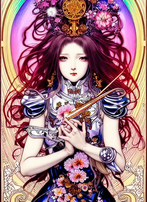 Prompt: highly detailed terada katsuya ayami kojima atrstation manga poster of princess mechine, rainbow gradient reflection, cute face by artgerm, art nouveau, long hair, armor, dress, laces, ruffles, 8 k, maximalist, golden ratio, alphonse mucha