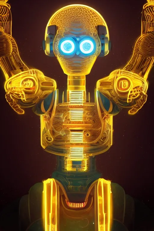 Image similar to ultradetailed ornate retro-future illustration of a robot radiating glowing aura, fully clothed with an art deco costume, digital airbrush painting, 3d rim light, hyperrealistic masterpiece, artstation, cgsociety, golden ratio