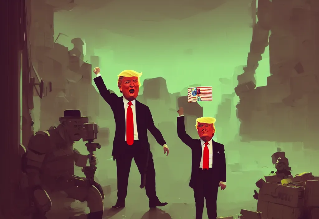 Image similar to donald trump dressed as mexican, presidental elections candidates, cnn, fox news, fantasy, by atey ghailan, by greg rutkowski, by greg tocchini, by james gilleard, by joe gb fenton, dynamic lighting, gradient light green, brown, blonde cream, salad and white colors in scheme, grunge aesthetic