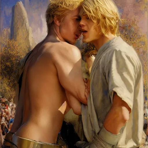 Image similar to attractive male, arthur pendragon who has blond hair confesses his love to attractive male, merlin who has dark hair. highly detailed painting by gaston bussiere, craig mullins, j. c. leyendecker 8 k