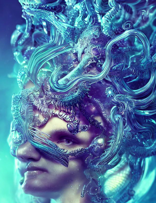 Image similar to goddess macro close - up portrait in crown made of ram skull. betta fish, jellyfish phoenix, bioluminiscent, plasma, ice, water, wind, creature, super intricate ornaments artwork by tooth wu and wlop and beeple and greg rutkowski