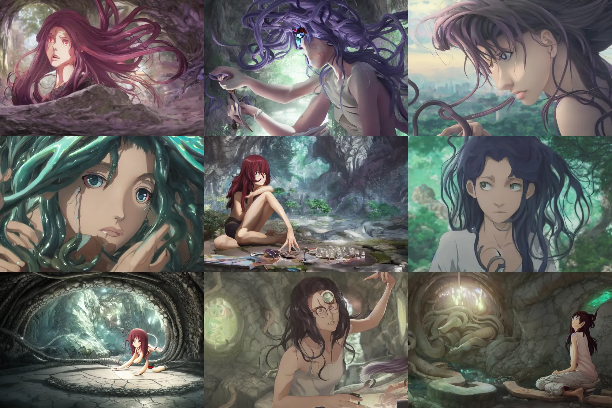 Prompt: photorealistic Medusa creating art in her cave, anime key visual, digital art, anime screenshot, kyoto animation, makoto shinkai, trending on artstation