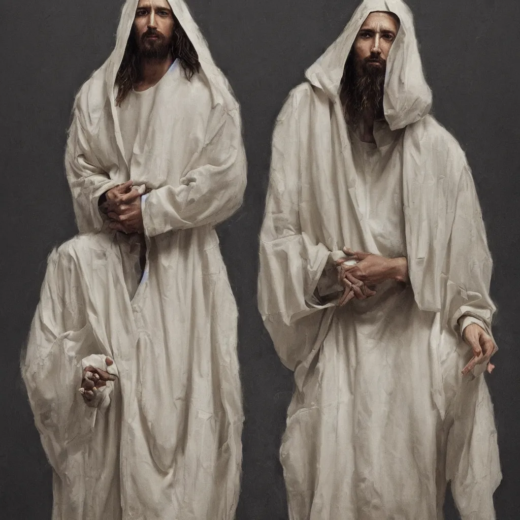 Image similar to a full body lookbook portrait of modern - day jesus wearing cream yeezy and fear of god menswear collection by nicola samori, detailed, oil painting, hyper - realistic, 8 k, yeezy collection