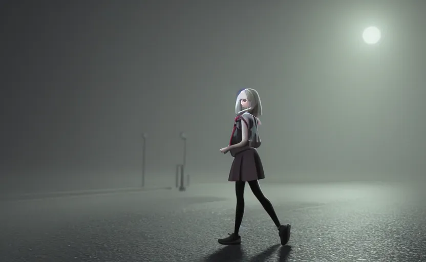 Image similar to school girl walking at night, gloomy and foggy atmosphere, octane render, cgsociety, artstation trending, horror scene, highly detailded