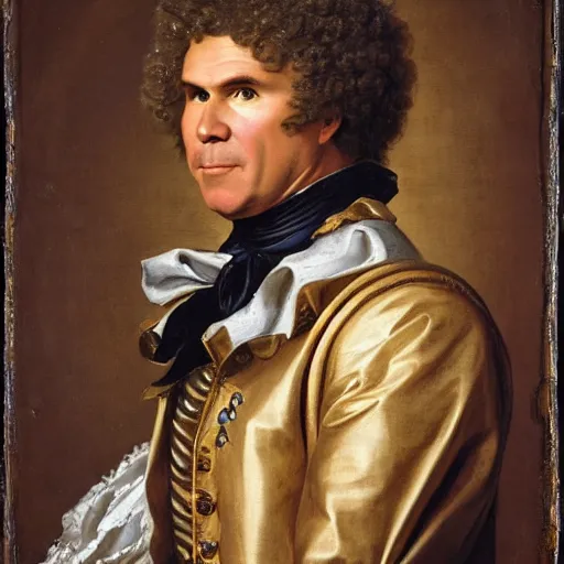 Image similar to A rococo portrait of Will Ferrell in a shining suit of armor, Jacques-Louis David, Réunion des Musées Nationaux, Louvre Catalogue photography