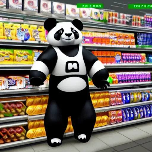 Prompt: a humanoid panda buying groceries, digital art, trending on artstation and unreal. engine