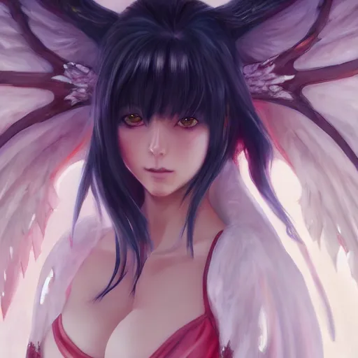 Image similar to an oil painting of a beautiful anime girl with demon wings, by artgerm, wlop and greg rutkowski, hd, hdr, ue 5, ue 6, unreal engine 5, cinematic 4 k wallpaper, 8 k, ultra detailed, high resolution, artstation, award winning