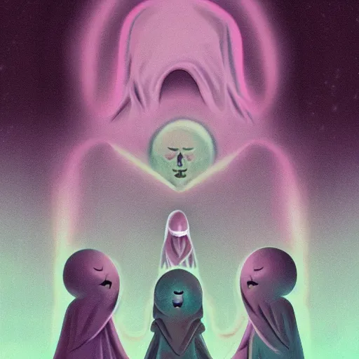 Image similar to dark occult ritual, cult of hooded creatures, cold pastel colors, 8k, realistic dim lighting