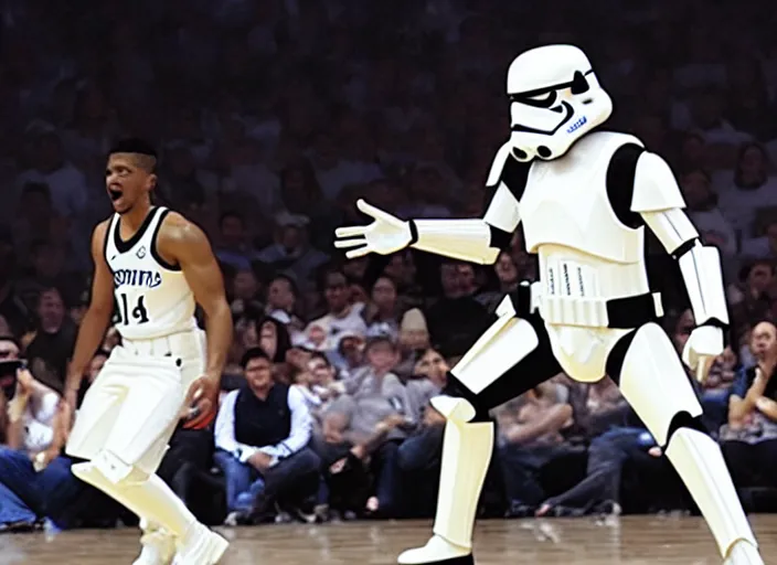 Image similar to ESPN still of Storm trooper playing in the nba playoffs live on espn, 4k