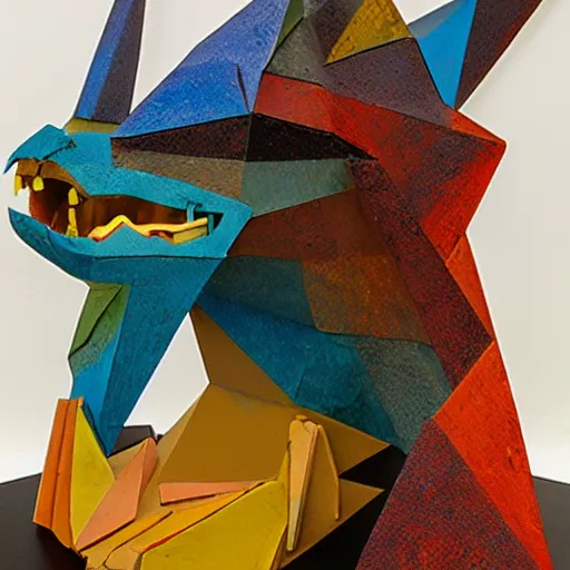 Prompt: abstract, sculpture Charizard Picasso, made of various materials from rainforest of face of artificial intellicgence