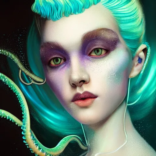 Image similar to tom bagshaw, ultra realist portrait waves miniatures underwater curiosities squids carnival, a single very beautiful dollpunk with long tentacles hairs in full underwater mermaid armor, symmetry accurate features, focus, very intricate ultrafine details, green purple aqua volumetric lights, award winning masterpiece, octane render 8 k hd