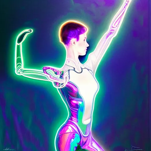 Image similar to psychedelic organic cyborg ballerina, white holographic plastic, backlit spotlight, fantasy, intricate, elegant, highly detailed, lifelike, photorealistic, digital painting, artstation, illustration, smooth, sharp focus, art by john collier and albert aublet and krenz cushart and artem demura and alphonse mucha