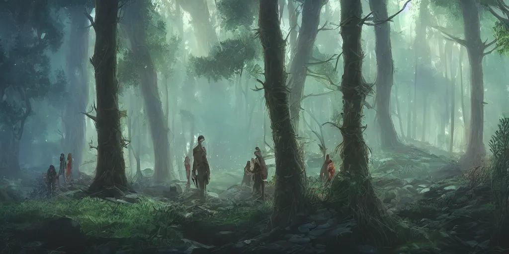 Image similar to reed people in futuristic spiritual mystical post apocalyptic forest by ron gilbert, dim painterly volumetric aquatic lighting, beautiful, crisp, artstation, highly detailed