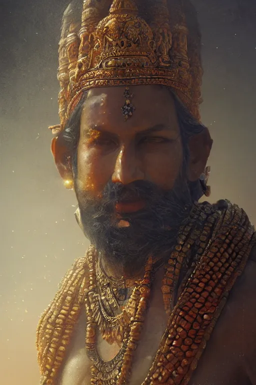 Image similar to indian god, close - up portrait, powerfull, intricate, elegant, volumetric lighting, scenery, digital painting, highly detailed, artstation, sharp focus, illustration, concept art, ruan jia, steve mccurry