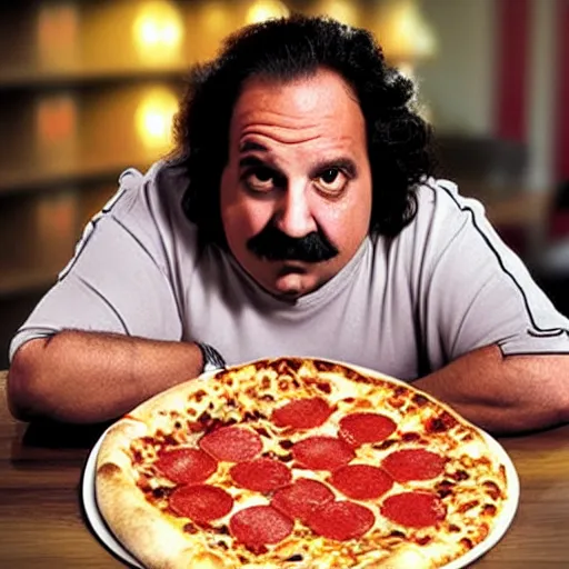 Prompt: ron jeremy in the logo of a pizza parlour