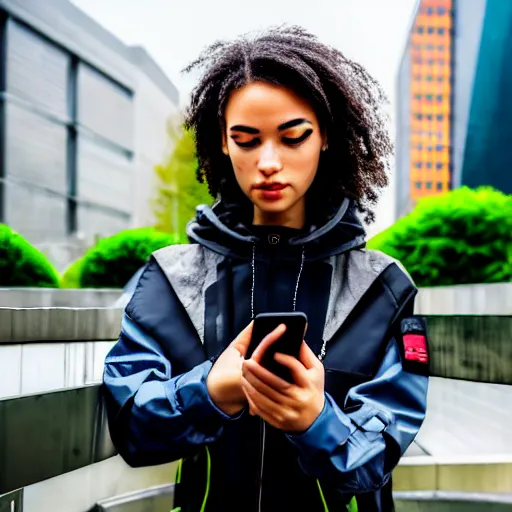 Image similar to candid photographic portrait of a poor techwear mixed young woman using a phone inside a dystopian city, closeup, beautiful garden terraces in the background, sigma 85mm f/1.4, 4k, depth of field, high resolution, 4k, 8k, hd, full color