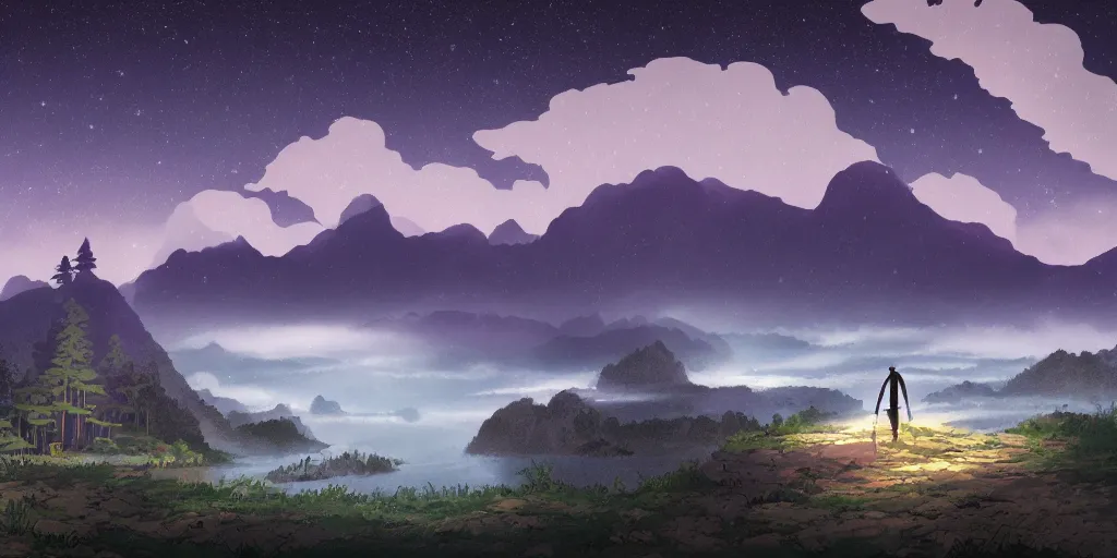 Image similar to a beautiful matte painting of a magic lake by night with fog mountains in the background and the milkyway in the sky by studio ghibli and hayao miyazaki and kazuo oga, manga, trending on artstation