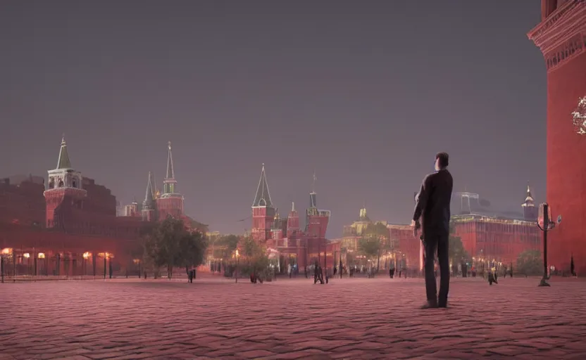 Image similar to a man standing in the middle of Red Square at night, a photorealistic painting by Gregory Crewdson, cgsociety, playstation 5 screenshot, matte painting, cryengine