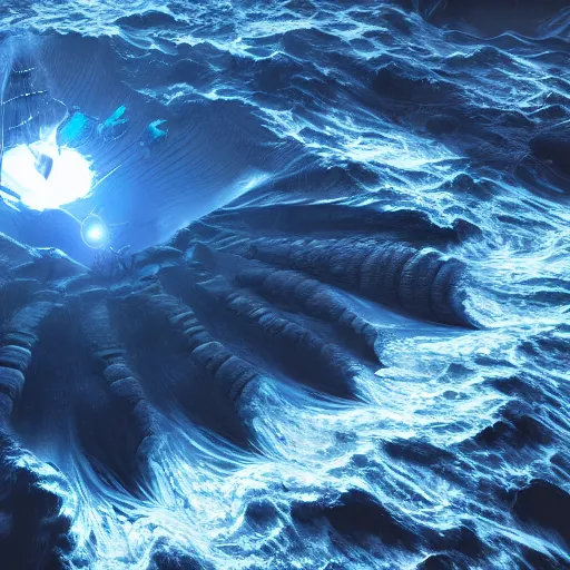 Image similar to top down view of an alien ocean with sea serpent emerging on top of it, detailed, cinematic lighting, storm is happening, unreal engine 4 render, artstaion