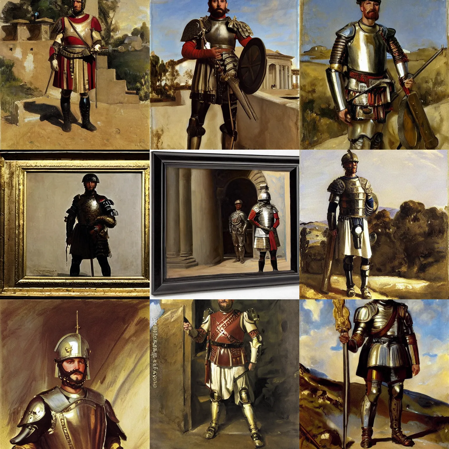 Prompt: Portrait of a roman solider in full armor posing in front of his familial home, by John Singer Sargent