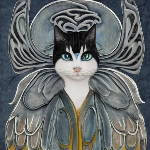 Image similar to 'a cat with two wings by Lin Xiao, highly detailed