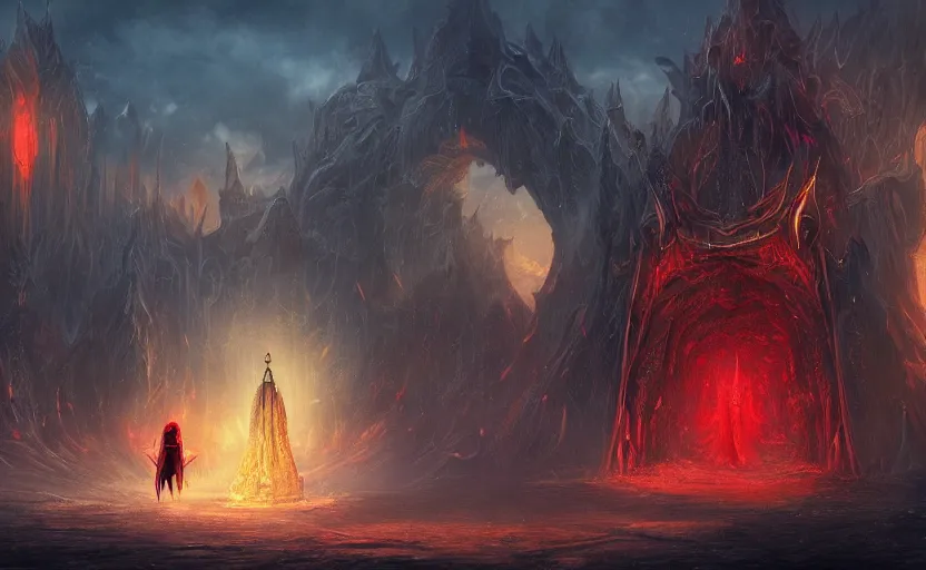 Prompt: red hooded mage, holding a golden bell, standing in front of an enormous arcane gate to another realm, mindblowing, concept art, matte, illustration, ominous, magical, dnd, 4 k uhd, very detailed