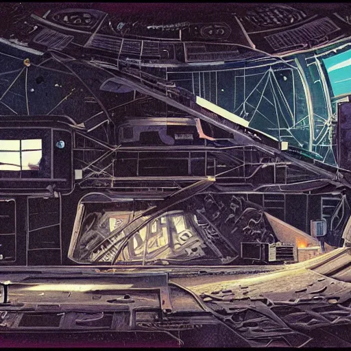 Prompt: inside an abandoned space station Ridley Scott style gouache