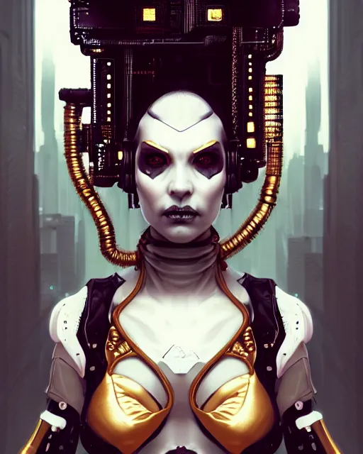 Image similar to soft lustrous ebony ivory biotech raver gutter punk gothic cyborg, golden ratio, details, scifi, fantasy, cyberpunk, intricate, decadent, highly detailed, digital painting, octane render, artstation, concept art, smooth, sharp focus, illustration, art by artgerm, loish, wlop