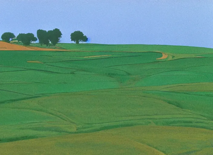 Prompt: painterly minimal endless bland pale bleached sloping wheat farmland by from mulan ( 1 9 9 7 )