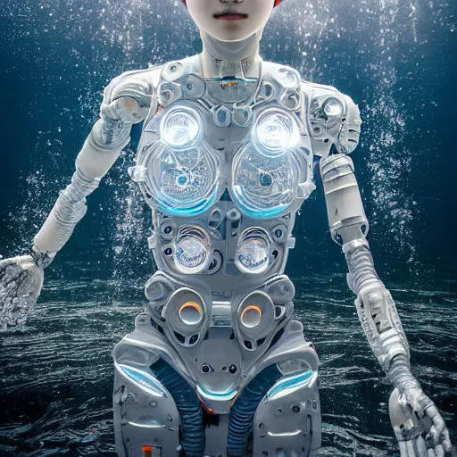 Image similar to beautiful centered fine art photo portrait of hoyeon jung as a solarpunk robotic humanoid treading above water, white mechanical parts with led lights, ultra - detailed and intricate, white background, sun lighting, soft focus, slow exposure hdr 8 k