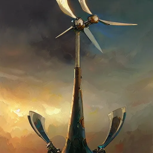 Image similar to level wind turbine propeller winged in Hand Crafted from composite materials by Futuristic Steampunk Genius Gnomes. Painting by anato finnstark greg rutkowski Donato Giancola Jeff Simpson stamp acrylic