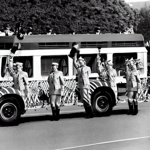 Image similar to The British armed forces parade in the magical mystery tour bus news footage