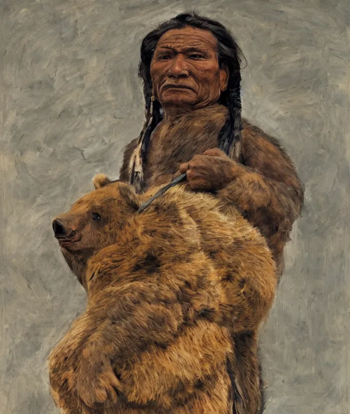 Image similar to indigenous man carrying a bear, painted by lucian freud, hd, super detailed, realistic, muted colors