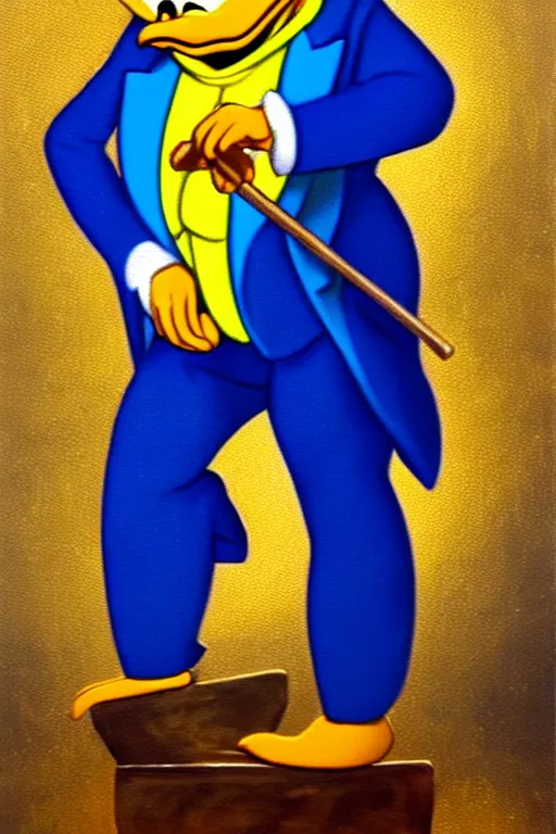 Image similar to Scrooge McDuck from the Duck Tales in blue costume standing on a mountain of golden gold and holding a cane, view from below, full body portrait including head, oil painting, highly detailed