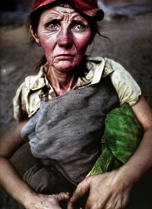 Image similar to hyper detailed bright photograph of a tired delivery girl by don mccullin, color, dslr