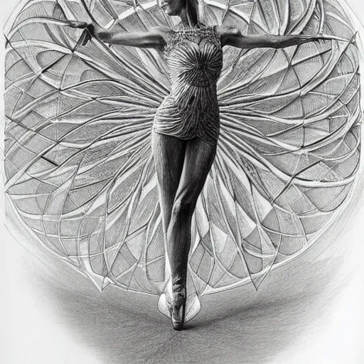 Image similar to hyper detailed bw linear pencil drawing, woman ballet dancer, organic symmetric shapes by ernst haeckel