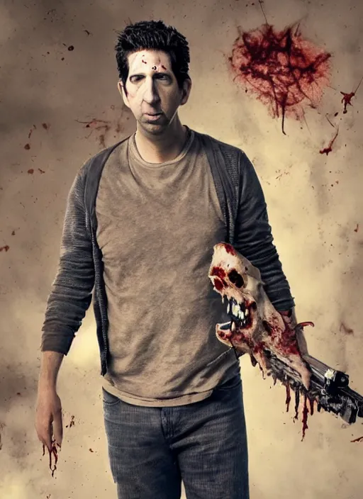 Image similar to david schwimmer becomes a zombie, face enhance, realistic, shaun of the dead, izombie, ultra detailed, octane render, lovecraftian, horror, dead space, the walking dead