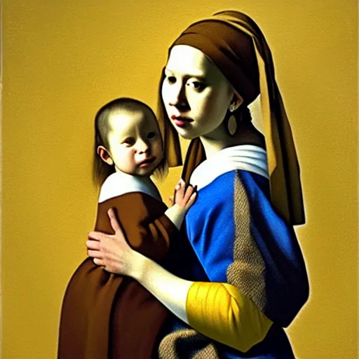 Prompt: pure love is patient love is kind, mother and child ; photorealistic oil painting by johannes vermeer ; highly detailed cute faces by wlop ; trending on artstation ; 8 k high resolution, symmetrical, cinematic, high coherence, golden ratio, rule of thirds, perfectly centered ; anatomically correct faces