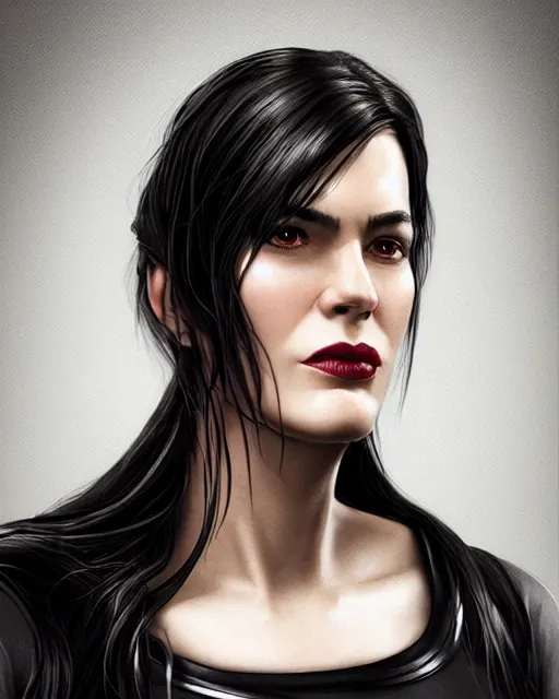 Image similar to portrait of a tall 4 0 - year - old woman with thin lips, heavy - lidded eyes, a strong jaw and long, thick shining black hair, thick eyebrows and long eyelashes, wearing in black clothes, hyper realistic face, beautiful eyes, character art, art by mark brooks, hyperdetailed, cryengine, trending on artstation, digital art